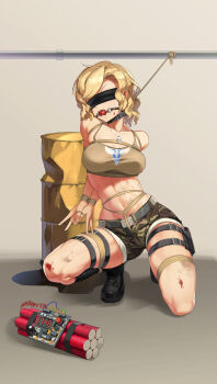 1girl abs absurdres arms_behind_back ball_gag bdsm blindfold blonde_hair bondage bound braid breasts collar command_&amp;_conquer commission explosive full_body gag gagged highres long_hair medium_breasts navel original peril pointy_ears restrained rope saliva second-party_source shinebell skindentation solo tanya_(red_alert_3) tnt variant_set wiffle_gag