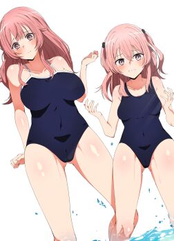 Rule 34 | 2girls, absurdres, blue one-piece swimsuit, blush, breasts, cameltoe, collarbone, covered navel, highres, hukii, inui sajuna, inui shinju, large breasts, long hair, medium breasts, multiple girls, one-piece swimsuit, pink eyes, pink hair, school swimsuit, siblings, simple background, sisters, sono bisque doll wa koi wo suru, swimsuit, two side up, wading, white background