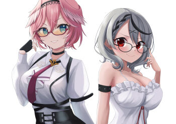 2girls absurdres adjusting_eyewear bare_shoulders bespectacled black-framed_eyewear black_choker black_gloves black_hair black_hairband blue_eyes blush bob_cut breast_zipper breasts camisole choker cleavage closed_mouth commentary_request double-parted_bangs fingerless_gloves frilled_camisole frills glasses gloves grey_hair hair_between_eyes hair_ornament hairband hand_up highres hololive large_breasts looking_at_viewer medium_hair multicolored_hair multiple_girls necktie parted_lips pink_hair ramkilog red-framed_eyewear red_eyes red_necktie sakamata_chloe sakamata_chloe_(1st_costume) semi-rimless_eyewear shirt short_hair simple_background smile streaked_hair sunglasses takane_lui takane_lui_(1st_costume) tinted_eyewear under-rim_eyewear upper_body v-shaped_eyebrows virtual_youtuber white_background white_camisole white_shirt x_hair_ornament yellow-tinted_eyewear zipper