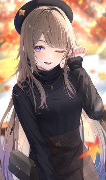 1girl absurdres alternate_costume bag black_hat black_shirt blurry blurry_background breasts brown_hair brown_skirt check_commentary commentary_request cowboy_shot earrings flower_earrings hand_up hat herta_(honkai:_star_rail) highres honkai:_star_rail honkai_(series) jewelry key key_necklace long_hair long_sleeves medium_breasts nail_polish necklace one_eye_closed open_mouth outdoors purple_eyes purple_nails sakuno_(sksk_sakuno) shirt shirt_tucked_in shoulder_bag skirt smile solo the_herta_(honkai:_star_rail) very_long_hair