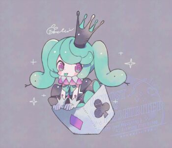 1girl :p black_crown black_dress blush_stickers bow bowtie chibi chibi_only closed_mouth colored_tongue commentary crown dot_nose dress full_body gloves green_bow green_bowtie green_hair long_hair looking_at_viewer mochimura_sorata neck_ruff original purple_eyes signature simple_background snake_hair solo sparkle tongue tongue_out twintails watermark white_gloves