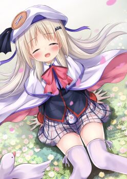 Rule 34 | 1girl, :d, bat hair ornament, bird, black shirt, blush, cape, capelet, closed eyes, crying, dress shirt, facing viewer, from above, hair ornament, hair ribbon, hat, highres, kudpoid (71139), little busters!, little busters! school uniform, long sleeves, miniskirt, noumi kudryavka, open mouth, petals, plaid clothes, plaid skirt, purple ribbon, ribbon, school uniform, shirt, sitting, skirt, smile, solo, thighhighs, watermark, white cape, white capelet, white hat, white skirt, white thighhighs, zettai ryouiki