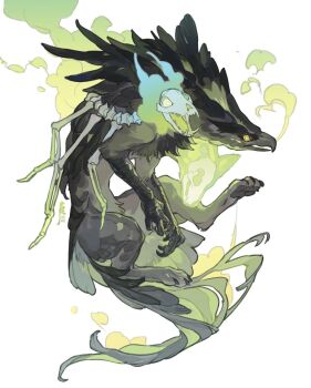 animal_skull beak bird_tail bone fire from_side full_body ghost green_fire griffin highres microw mixed_limbs monster no_humans original pawpads solo tail talons white_background yellow_eyes