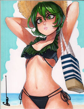 1girl :< alternate_costume arms_behind_head arms_up artist_name bag beach bikini black_bikini breasts closed_mouth cloud commentary cowboy_shot cumulonimbus_cloud day english_commentary eyelashes frilled_bikini frills green_bikini green_eyes green_hair hat lips looking_ahead multicolored_bikini navel ocean omar_dogan one-punch_man outdoors protected_link scan short_hair shoulder_bag side-tie_bikini_bottom signature sky small_breasts solo stomach straw_hat sun_hat swimsuit tatsumaki traditional_media two-tone_bikini