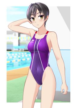1girl absurdres black_hair breasts brown_eyes commentary_request competition_swimsuit covered_navel cowboy_shot gluteal_fold groin highleg highleg_one-piece_swimsuit highres indoors lane_line medium_breasts one-piece_swimsuit original pool purple_one-piece_swimsuit short_hair solo standing swimsuit takafumi two-tone_swimsuit variant_set