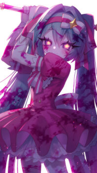 1girl aqua_hair blood blood_in_hair blood_on_clothes blood_on_face blood_on_hands blood_stain blush bow commentary_request cowboy_shot eyelashes gloves glowing_pupils hair_intakes hair_ribbon hatsune_miku highres holding holding_staff holding_weapon ima_sugu_rinne_(vocaloid) imminent_attack long_hair looking_at_viewer magical_girl mekariruwii petticoat pink_blood pink_skirt purple_eyes ribbon skirt smile staff star-shaped_pupils star_(symbol) star_in_eye striped_ribbon symbol-shaped_pupils symbol_in_eye twintails variant_set very_long_hair vocaloid weapon white_background white_gloves yandere yellow_pupils