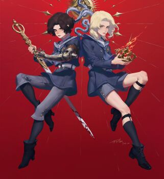 Rule 34 | 2boys, androgynous, belt, black boots, blonde hair, blue shorts, boots, brown hair, closed mouth, commentary, crown, english commentary, exclusiverobert, fire, highres, holding, holding crown, holding sword, holding weapon, lies of p, looking at viewer, male focus, mechanical arms, medium hair, multiple boys, pinocchio (lies of p), prosthesis, prosthetic arm, red background, romeo (lies of p), short hair, shorts, signature, single mechanical arm, snake, sword, weapon