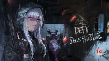 2girls ak-12 ak-12_(girls'_frontline) an-94_(girls'_frontline) assault_rifle black_footwear black_gloves defy_(girls'_frontline) fingerless_gloves girls'_frontline gloves gun highres holding holding_gun holding_weapon hood hoodie kalashnikov_rifle machine mecha multiple_girls osakana_(denpa_yun'yun) outdoors parted_lips pink_eyes platinum_blonde_hair rain robot sidelocks silver_hair solo_focus standing tactical_clothes thigh_strap walker_(robot) water weapon