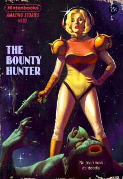 1girl adapted_costume alien armor astor_alexander blonde_hair bullet_hole commentary cover damaged derivative_work energy_gun english_text epic eyeshadow fake_cover gloves gun hand_on_own_hip helmet highres lips lipstick makeup metroid monster nintendo parody power_suit_(metroid) ray_gun realistic reference_work retro_artstyle samus_aran science_fiction smoke smoking_barrel space space_helmet spacesuit star_(sky) style_parody varia_suit weapon