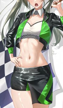 1girl black_jacket black_skirt checkered_flag close-up cropped cropped_jacket flag highres jacket kantai_collection long_hair midriff navel open_mouth race_queen ribbon shushan skirt solo strapless tube_top twintails two-tone_skirt white_tube_top zuikaku_(kancolle) zuikaku_(race_queen)_(kancolle)