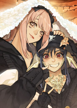 Rule 34 | 2girls, animal ears, au ra, baseball cap, black gloves, black hair, cat ears, cheek poking, commentary request, dragon horns, facial mark, fairy lights, final fantasy, final fantasy xiv, fingerless gloves, gloves, hat, hide (hideout), highres, horns, long hair, looking at viewer, miqo'te, multiple girls, pink eyes, pink hair, poking, red eyes, smile, v, warrior of light (ff14), white scales