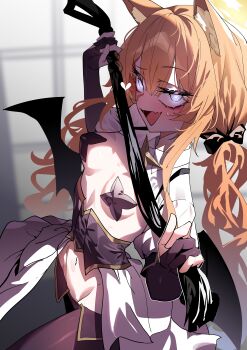 1girl absurdres animal_ear_fluff animal_ears black_corset black_gloves black_wings blue_archive blue_eyes breasts cat_ears corset cosplay cowboy_shot elbow_gloves from_side gloves halo heart heart-shaped_pupils highres holding its2h35 looking_at_viewer looking_to_the_side magia_baiser magia_baiser_(cosplay) mahou_shoujo_ni_akogarete mari_(blue_archive) navel open_mouth orange_halo partially_fingerless_gloves pasties puffy_short_sleeves puffy_sleeves short_sleeves small_breasts smile solo symbol-shaped_pupils twintails wings yellow_halo
