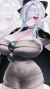 1girl black_choker breasts choker cinderella_(beautiful_me)_(nikke) cinderella_(nikke) cleavage commentary dongtan_dress dress eyewear_hang goddess_of_victory:_nikke grey_dress hair_over_one_eye heart heart_necklace highres huge_breasts jacket jacket_on_shoulders jewelry light_blush light_smile long_hair looking_at_viewer necklace official_alternate_costume official_alternate_hairstyle one_eye_covered red_eyes rettou_01 solo taut_clothes taut_dress unworn_eyewear very_long_hair white_hair