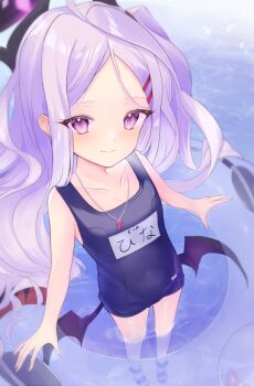 1girl absurdres bare_arms bare_legs black_horns blue_archive blue_one-piece_swimsuit caustics closed_mouth collarbone commentary covered_navel demon_wings dot_nose flat_chest forehead from_above full_body grey_hair hair_ornament hairclip highres hina_(blue_archive) hina_(swimsuit)_(blue_archive) holding holding_swim_ring horns innertube light_blush long_hair low_wings middle_part mini_wings name_tag official_alternate_costume old_school_swimsuit one-piece_swimsuit parallel_hairclips parted_bangs purple_eyes purple_hair purple_pupils pyoyyyy sandals school_swimsuit shallow_water smile solo standing swim_ring swimsuit transparent_innertube very_long_hair wading water whistle whistle_around_neck wings