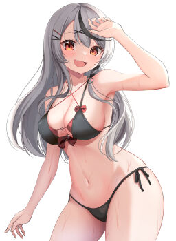 1girl absurdres arm_up bare_shoulders bikini black_bikini black_streaks blush braid breasts cleavage commentary commentary_request cowboy_shot fang grey_hair hair_ornament highres hololive large_breasts long_hair looking_at_viewer multicolored_hair navel open_mouth ramkilog red_eyes sakamata_chloe sakamata_chloe_(summer_2022) side-tie_bikini_bottom simple_background single_braid smile solo streaked_hair swimsuit virtual_youtuber wet white_background x_hair_ornament