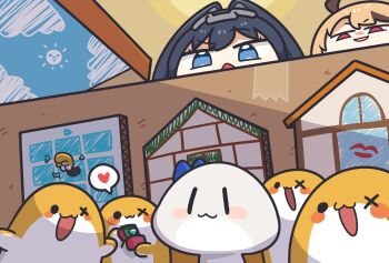 Rule 34 | 2girls, ahoge, blue eyes, blue hair, blush stickers, boros (ouro kronii), brown hair, cardboard, gigi murin, grem (gigi murin), hair intakes, heart, highres, hololive, hololive english, lipstick mark, marriage proposal, multicolored hair, multiple girls, ouro kronii, short hair, spoken heart, two-tone hair, underdatv, virtual youtuber, x eye