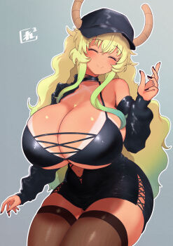 1girl artist_logo baseball_cap bikini_tan black_choker black_dress black_sleeves blonde_hair blush breasts brown_thighhighs choker cleavage closed_eyes closed_mouth commentary_request cross-laced_clothes curvy detached_sleeves dress gradient_hair green_background hat highres horns horns_through_headwear huge_breasts kobayashi-san_chi_no_maidragon logo long_hair lucoa_(maidragon) multicolored_hair nail_polish navel reiwa_rerere shadow simple_background smile solo tan tanline thick_thighs thighhighs thighs very_long_hair