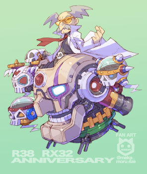 Rule 34 | 1boy, anniversary, bald, black shirt, coat, dr. wily (mega man), facial hair, green background, in-franchise crossover, mega man (classic), mega man (series), mega man x (series), mustache, nakayama tooru, necktie, old, old man, red necktie, robot, shirt, sigma (mega man), simple background, sunglasses, white coat