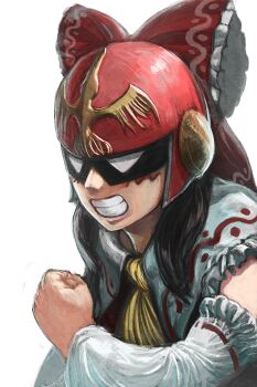 1girl ascot black_hair bow captain_falcon captain_falcon_(cosplay) clenched_hand commentary_request cookie_(touhou) cosplay detached_sleeves f-zero frilled_bow frilled_shirt_collar frills grin guest_(nicovideo54906638) hair_bow hakurei_reimu helmet highres kanna_(cookie) long_hair nintendo red_bow ribbon-trimmed_sleeves ribbon_trim simple_background smile solo touhou upper_body white_background white_sleeves yellow_ascot