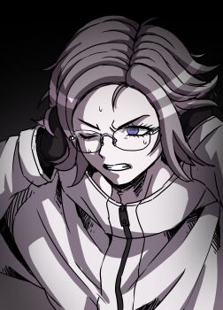 1boy absurdres aotsuki_eito black_background black_gloves clenched_teeth commentary_request covering_own_ears glasses gloves gradient_background grey_background grey_hair hatching_(texture) highres itamaec jacket linear_hatching looking_ahead male_focus one_eye_closed purple_eyes short_hair simple_background solo sweat teeth the_hundred_line_-last_defense_academy- two-tone_background upper_body white_jacket