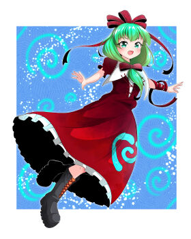 1girl absurdres ama_ga_eru arm_ribbon black_boots blue_background boots border commentary_request dress front_ponytail full_body green_eyes green_hair hair_ribbon highres kagiyama_hina long_dress long_hair looking_at_viewer open_mouth outside_border puffy_short_sleeves puffy_sleeves red_dress red_ribbon ribbon short_sleeves smile solo touhou white_border