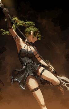 1girl absurdres arkilide arm_strap armlet bare_shoulders belt black_belt black_choker black_dress choker commentary dress english_commentary green_hair highres holding holding_weapon jewelry long_hair o-ring o-ring_choker pleated_dress side_ponytail solo sorganeil sousou_no_frieren thigh_strap ubel_(sousou_no_frieren) weapon