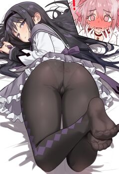 2girls @_@ absurdres akemi_homura akemi_homura_(magical_girl) ass black_hair black_pantyhose blush come_hither commentary commission dress ebora english_commentary feet gloves grey_dress grey_eyes half-closed_eyes hands_up highres kaname_madoka kaname_madoka_(magical_girl) long_hair looking_at_viewer lying mahou_shoujo_madoka_magica mahou_shoujo_madoka_magica_(anime) multiple_girls no_shoes on_stomach panties panties_under_pantyhose pantyhose pink_eyes pink_hair revision seductive_gaze short_hair soles sweat toe_seam underwear white_gloves white_panties