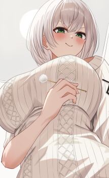 Rule 34 | 1girl, absurdres, blush, breasts, closed mouth, commentary request, from below, green eyes, grey hair, hand up, highres, holding, hololive, large breasts, looking at viewer, mimikaki, mino (miiiinon611), ribbed sweater, shirogane noel, shirogane noel (casual), smile, solo, sweater, upper body, virtual youtuber