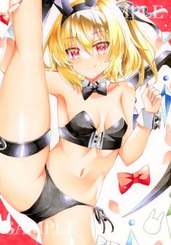 1girl absurdres alternate_costume animal_ears bare_shoulders bikini black_bikini black_bow blonde_hair blush bow bowtie breasts cameltoe detached_collar fake_animal_ears flandre_scarlet hair_between_eyes highres huyugiri_luna leg_up looking_at_viewer marker_(medium) navel playboy_bunny rabbit_ears red_eyes short_hair small_breasts solo split standing standing_on_one_leg standing_split swimsuit tail thigh_strap touhou traditional_media wrist_cuffs