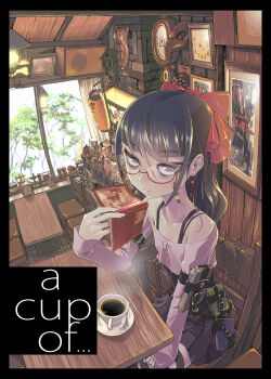 1girl absurdres ahoisy arm_strap bags_under_eyes black_hair black_skirt book bow bra_strap breasts chair clock commentary_request cuckoo_clock cup earrings english_text expressionless glasses hair_bow high-waist_skirt highres holding holding_book incredibly_absurdres jewelry jirai_kei long_hair looking_at_viewer miniskirt original perspective purple_eyes railing red-framed_eyewear saucer semi-rimless_eyewear sidelocks sitting skinny skirt sleeves_past_wrists small_breasts solo spoon steam striped_clothes striped_thighhighs table tassel tassel_earrings teacup thighhighs under-rim_eyewear window