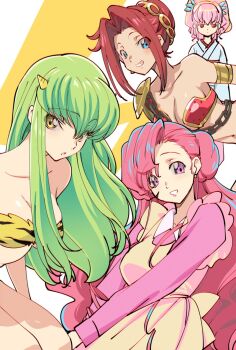 4girls animal_print anya_alstreim armor benten_(cosplay) benten_(urusei_yatsura) bikini blue_eyes breastplate breasts c.c. cleavage code_geass cone_horns cosplay creayus dress earrings euphemia_li_britannia green_hair hair_ornament horns japanese_clothes jewelry kouzuki_kallen kimono large_breasts long_hair lum lum_(cosplay) medium_breasts multiple_girls oyuki_(urusei_yatsura) oyuki_(urusei_yatsura)_(cosplay) pink_hair ponytail purple_eyes ran_(urusei_yatsura) ran_(urusei_yatsura)_(cosplay) red_eyes red_hair short_hair swimsuit tiger_print urusei_yatsura yellow_eyes yukata