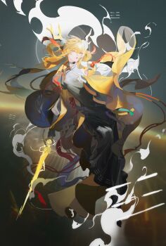 1girl absurdly_long_hair absurdres arknights blonde_hair chinese_clothes heqing highres holding holding_sword holding_weapon horns leizi_(arknights) leizi_the_thunderbringer_(arknights) long_hair looking_at_viewer pointy_ears solo sword very_long_hair weapon