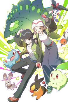 1boy 1girl 2o_oxo absurdres bell-bottoms belt bird black_hair black_hat black_pants blue_belt blush breasts brown_eyes brown_hair bunnelby chikorita closed_mouth dragon fangs fletchling floette floette_(eternal) flower gen_2_pokemon gen_5_pokemon gen_6_pokemon green_jacket harmony_(pokemon) hashtag-only_commentary hat highres holding holding_flower holding_poke_ball jacket leaf legendary_pokemon long_sleeves nintendo open_clothes open_jacket open_mouth pants paxton_(pokemon) poke_ball poke_ball_(basic) pokemon pokemon_(creature) pokemon_legends:_z-a red_eyes sharp_teeth shirt shoes short_hair smile striped_hat tail teeth tepig totodile white_hat white_shirt zygarde zygarde_(50)