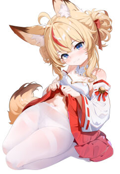 1girl :3 absurdres ahoge animal_ear_fluff animal_ears bare_shoulders bell blonde_hair blue_eyes blush bow breasts chinese_commentary closed_mouth clothes_lift commentary crossed_bangs crotch_seam detached_sleeves double-parted_bangs double_bun extra_ears fox_ears fox_girl fox_tail full_body hair_between_eyes hair_bow hair_bun hakama hakama_skirt head_tilt highres japanese_clothes lifting_own_clothes long_sleeves looking_at_viewer making-of_available multicolored_hair navel no_shoes original painttool_sai_(medium) panties panties_under_pantyhose pantyhose red_bow red_hakama red_skirt red_streaks ribbon-trimmed_sleeves ribbon_trim seiza sidelocks simple_background sitting skirt skirt_lift sleeve_bell sleeveless small_breasts smile solo split_mouth streaked_hair tail thighband_pantyhose thighs underwear white_background white_panties white_pantyhose white_sleeves wide_sleeves yizhi_qingwa_gua