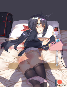1girl @_@ ahoge artist_name ass bag bed bed_sheet black_bag black_hair black_thighhighs bottomless cat_cube cellphone commentary_request copyright_request hair_ribbon holding holding_phone long_hair long_sleeves looking_at_viewer looking_back lying machine open_mouth panties panty_pull patreon_logo phone pillow pink_panties ponytail purple_panties red_ribbon ribbon school_bag sex_machine shadow shirt smartphone solo_focus spanked spanking tears thighhighs underwear