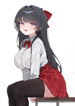 1girl absurdres bench between_legs between_thighs black_hair black_thighhighs blue_eyes blush bow bowtie bra_visible_through_clothes braid breasts buttons collared_shirt commentary_request diagonal-striped_bow diagonal-striped_bowtie diagonal-striped_clothes from_side hair_bow hair_intakes hair_ornament hand_between_legs heart heart_hair_ornament high-waist_skirt highres korean_commentary large_breasts long_hair long_sleeves looking_at_viewer on_bench open_mouth plaid_clothes plaid_skirt red_bow red_bowtie red_skirt sangobob shirayuki_hina shirt shirt_tucked_in sidelocks simple_background sitting skirt smile solo stellive striped_bow striped_bowtie striped_clothes thighhighs thighs very_long_hair virtual_youtuber white_background white_shirt
