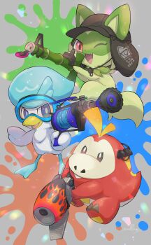 ;d absurdres animal_focus artist_name bamboozler_14_(splatoon) baseball_cap black_headwear blue_eyes brown_eyes commentary earpiece fang fuecoco goggles grey_background gun h-3_nozzlenose_(splatoon) hat highres holding holding_gun holding_weapon looking_at_viewer nintendo no_humans nullma one_eye_closed open_mouth paint paint_splatter pokemon pokemon_(creature) quaxly range_blaster_(splatoon) red_eyes signature smile splatoon_(series) splatoon_3 sprigatito starter_pokemon_trio v-shaped_eyes weapon