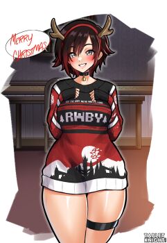 1girl absurdres antlers black_hair breasts english_text fake_antlers gradient_hair grey_eyes hairband highres horns large_breasts long_sleeves looking_at_viewer merry_christmas multicolored_hair print_sweater red_hair red_hairband reindeer_antlers ruby_rose rwby short_hair solo speech_bubble standing sweater tabletknight thigh_strap