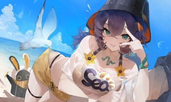 1boy 1girl absurdres bangboo_(zenless_zone_zero) bare_shoulders beach belle_(summer_skies)_(zenless_zone_zero) belle_(zenless_zone_zero) bent_over bikini bikini_under_clothes bird black_hat black_nails blue_hair blue_jacket blue_sky bracelet breasts chinese_commentary cleavage collarbone commentary_request crossed_bangs day dutch_angle eous_(zenless_zone_zero) fingernails fish_hat flower front-tie_shorts green_eyes hair_between_eyes hair_ornament hand_up hat highres holding_another&#039;s_arm jacket jewelry large_breasts letter_hair_ornament light_blush light_smile long_fingernails low_twintails nail_polish necklace ocean off-shoulder_shirt off_shoulder official_alternate_costume open_mouth out_of_frame outdoors pulling_another&#039;s_clothes shirt short_hair short_shorts short_sleeves short_twintails shorts siblings sky standing sunlight swimsuit thighs twintails two-sided_fabric two-sided_headwear v v_over_eye vest wet wet_clothes white_shirt wise_(peaceful_waves)_(zenless_zone_zero) wise_(zenless_zone_zero) yamasede_neiko yellow_bikini yellow_flower yellow_shorts zenless_zone_zero