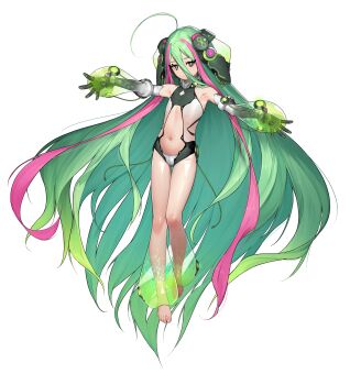 1girl absurdres ahoge armpits beeeeen clothing_request commentary_request commission detached_sleeves flat_chest full_body gloves green_eyes green_hair hair_between_eyes hair_ornament highres huge_ahoge ireina_(last_origin) iridescent_clothes last_origin long_hair looking_at_viewer multicolored_hair navel official_art partial_commentary pink_hair see-through_clothes see-through_pantyhose short_shorts shorts solo tachi-e transparent_background two-tone_hair very_long_hair