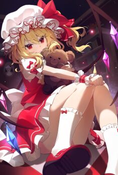 1girl absurdres blonde_hair book bookshelf bow closed_mouth commentary flandre_scarlet hair_between_eyes hat hat_bow highres holding holding_stuffed_toy huizi_(daisy02366) long_hair looking_at_viewer mary_janes mob_cap puffy_short_sleeves puffy_sleeves red_bow red_eyes red_nails red_shoes red_skirt red_vest remilia_scarlet shirt shoes short_sleeves skirt socks solo stuffed_animal stuffed_toy teddy_bear touhou very_long_hair vest white_hat white_shirt white_socks wings wrist_cuffs