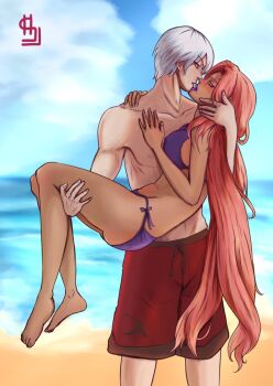 1boy 1girl beach breasts crossover dante_(devil_may_cry) dark-skinned_female dark_skin devil_may_cry_(series) ingrid_(taimanin_asagi) kiss large_breasts long_hair ocean taimanin_(series) taimanin_murasaki