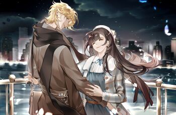 Rule 34 | 1boy, 1girl, ^ ^, aqua eyes, bag, balcony, beret, black hair, black scarf, blonde hair, blue dress, blue ribbon, blunt bangs, bow, braid, brown coat, building, chinese commentary, cityscape, closed eyes, closed mouth, cloud, coat, commentary request, cowboy shot, dress, duffel jacket, earrings, facing another, glint, grey jacket, hair between eyes, hand on another's arm, hand on another's hip, hat, hat bow, height difference, heroine (lovebrush chronicles), highres, jacket, jewelry, lake, lars rorschach, lars rorschach (corridor of fate), light particles, long hair, long sleeves, looking at another, looking down, lovebrush chronicles, nail polish, neck ribbon, night, open clothes, open jacket, outdoors, peter pan collar, pinafore dress, plaid clothes, plaid jacket, profile, red nails, ribbon, ring, scarf, shirt, short hair, shoulder bag, side braid, skyscraper, sleeveless, sleeveless dress, smile, standing, stud earrings, wangulongdong, wedding ring, white bow, white hat, white shirt