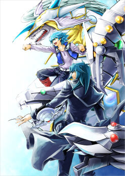 2boys :d aqua_hair closed_mouth commentary_request cyber_end_dragon dragon duel_academy_uniform_(yu-gi-oh!_gx) duel_disk duel_monster green_eyes johan_andersen long_sleeves looking_to_the_side machine male_focus marufuji_ryo multiple_boys non-humanoid_robot open_mouth pants punching raimkoubo rainbow_dragon robot_dragon smile standing yu-gi-oh! yu-gi-oh!_gx