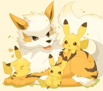 Rule 34 | animal focus, arcanine, closed eyes, closed mouth, gen 1 pokemon, heart, highres, nintendo, no humans, orange fur, parted lips, pikachu, pokemon, pokemon (creature), pokemon focus, smile, star (symbol), tail, tongue, tongue out, ushiina