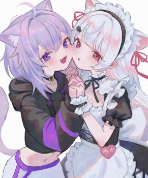 Rule 34 | 2girls, absurdres, ahoge, alternate costume, animal ear fluff, animal ears, apron, black collar, black hoodie, blunt bangs, blush, breasts, cat ears, cat girl, cat tail, cheek-to-cheek, cheek press, choker, collar, corset, cropped hoodie, cross-laced clothes, cross-laced corset, enmaided, fang, frilled apron, frills, hair between eyes, hair ornament, hashtag-only commentary, heads together, heart, highres, holding hands, hololive, hood, hoodie, interlocked fingers, long hair, looking at viewer, maid, maid apron, maid headdress, medium hair, multiple girls, navel, nekomata okayu, nekomata okayu (1st costume), nelta rene, nijisanji, o-ring, o-ring choker, open mouth, purple eyes, purple hair, purple tail, red eyes, shiina yuika, shiina yuika (5th costume), smile, stomach, tail, virtual youtuber, white hair, wrist cuffs
