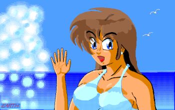 1990s_(style) 1girl :d albatross artist_name bird blue_eyes breasts brown_hair cleavage collarbone commentary_request dated_commentary dithering dress earrings earth_(earth_cg_gallery) extra_digits hand_up happy horizon jewelry large_breasts long_hair looking_at_viewer nose ocean open_mouth original pc-98_(style) pixel_art retro_artstyle sideboob sidelocks smile solo sphere_earrings upper_body water waving white_bird white_dress