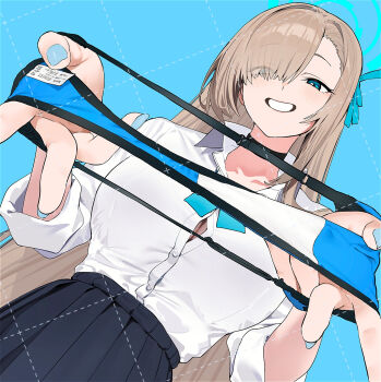 1girl asuna_(blue_archive) asuna_(school_uniform)_(blue_archive) asymmetrical_bangs black_choker black_skirt blue_archive blue_background blue_eyes blue_halo blue_nails blue_panties blue_ribbon blush breasts brown_hair button_gap choker collared_shirt commentary cowboy_shot dutch_angle eyes_visible_through_hair grin hair_over_one_eye hair_ribbon halo highres holding holding_panties holding_underwear holding_unworn_clothes kitou_sakeru large_breasts long_hair looking_at_viewer nail_polish official_alternate_costume panties pleated_skirt ribbon school_uniform shirt shirt_tucked_in simple_background skirt sleeves_rolled_up smile solo standing two-tone_panties underwear unworn_panties very_long_hair white_panties white_shirt wing_collar
