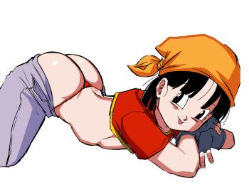 1girl ass black_eyes black_hair denim divine_wine_(vampiranhya) dragon_ball dragon_ball_gt gloves highres jeans kyojiri_loli loli pan_(dragon_ball) pants tagme tomboy tongue tongue_out