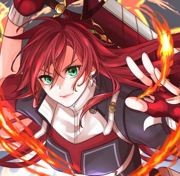 1girl breasts celis_ortesia closed_mouth commission earrings eiyuu_densetsu fingerless_gloves fire floating_hair glint gloves green_eyes hair_between_eyes highres holding holding_sword holding_weapon huge_weapon jewelry kuro_no_kiseki_(series) kuro_no_kiseki_i large_breasts long_hair long_sleeves looking_at_viewer parted_bangs portrait red_gloves red_hair runrui_kaku single_earring skeb_commission smile solo sword weapon